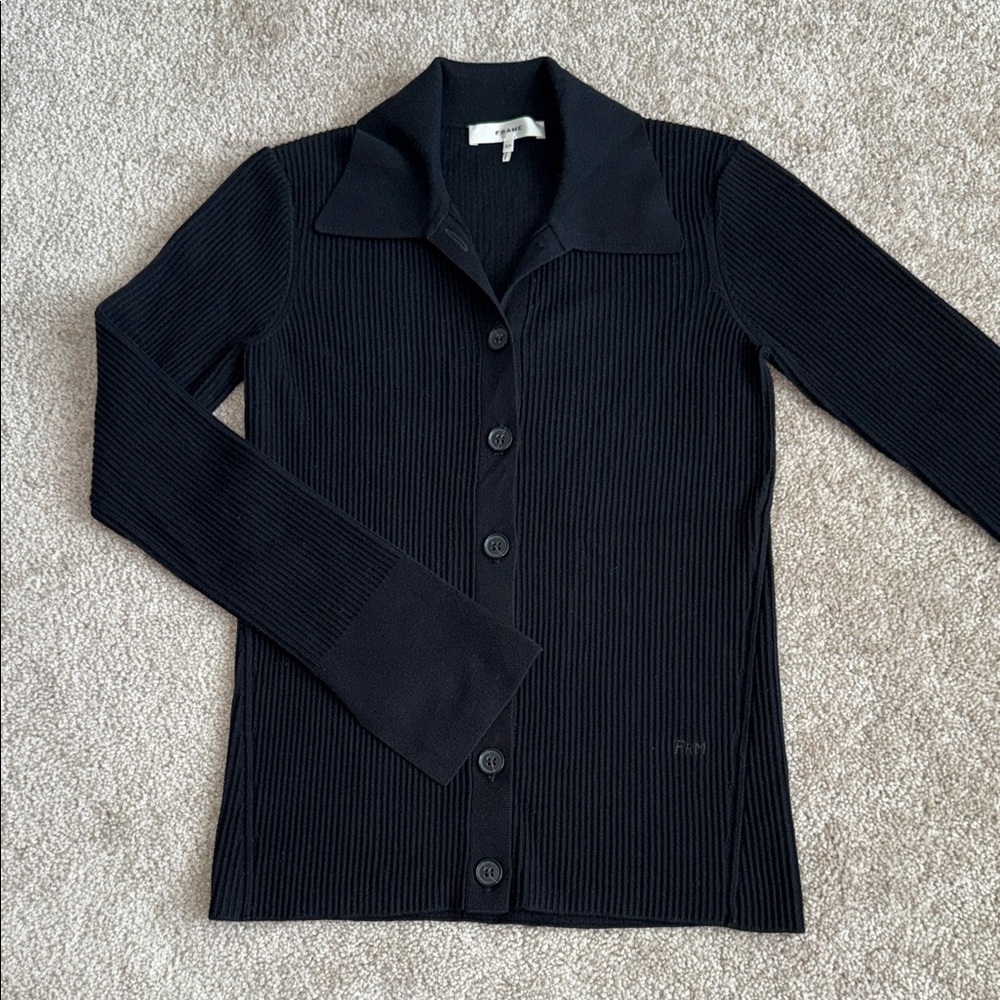 Frame Slim Ribbed Button Front Collared Cardigan Black Noir Sweater - Picture 3 of 10